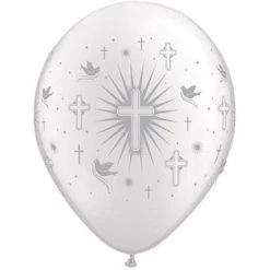 Everything Party 11" Qualatex Silver Cross & Dove Pearl White Latex Balloon