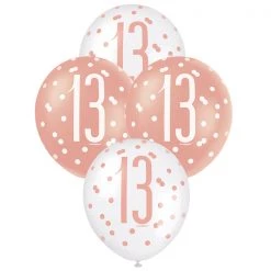Unique 6pk Assorted Rose Gold White 13th Birthday 30cm Latex Balloons