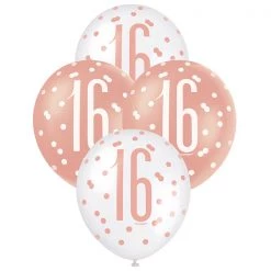 Unique 6pk Assorted Rose Gold White 16th Birthday 30cm Latex Balloons
