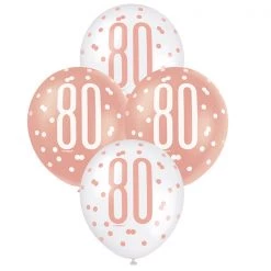 Unique 6pk Assorted Rose Gold White 80th Birthday 30cm Latex Balloons