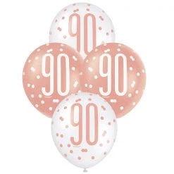 Unique 6pk Assorted Rose Gold White 90th Birthday 30cm Latex Balloons