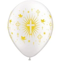 Everything Party 11" Qualatex Gold Cross & Dove Pearl White Latex Balloon Balloons