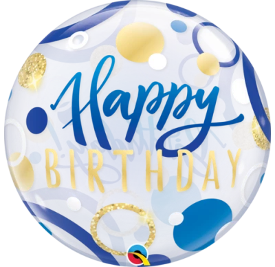 Balloons 22" Qualatex Birthday Blue & Gold Dots Bubbles Balloon