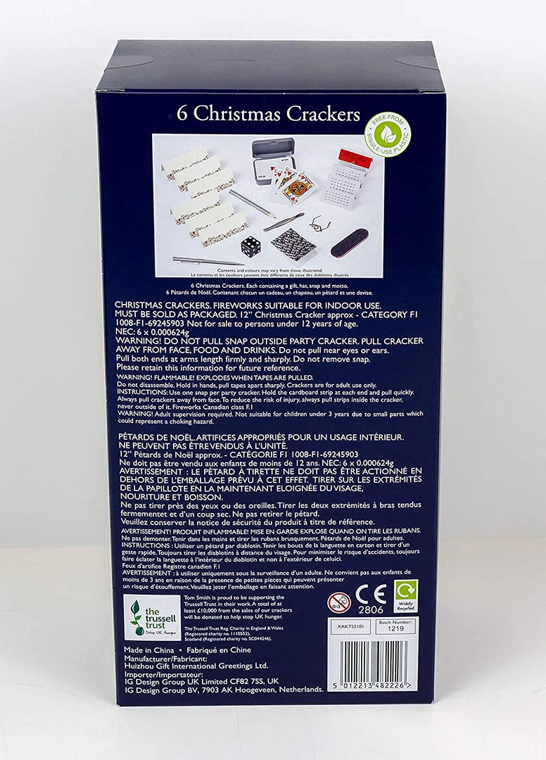 Artwrap Tom Smith 6 Traditional Christmas Crackers Silver & Gold & Rose Gold Dinner Cube