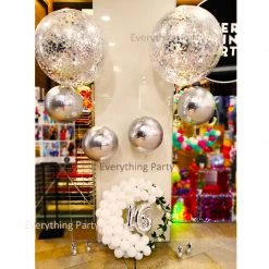 Everything Party 16th Birthday Silver Jumbo Confetti Balloon And Orbz Helium Balloon Bouquet