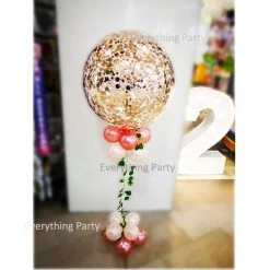 Everything Party Balloon Samples 24" Super Clear Round Rose Gold Confetti Balloon Arrangement With Leaves