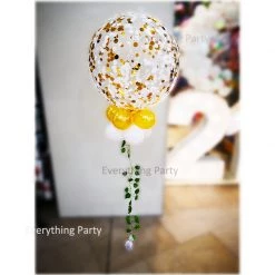 Everything Party 24" Super Clear Round Gold & White Confetti Balloon Arrangement With Leaves