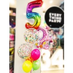Everything Party Balloons 5th Birthday Confetti & Unicorn Helium Balloon Bouquet
