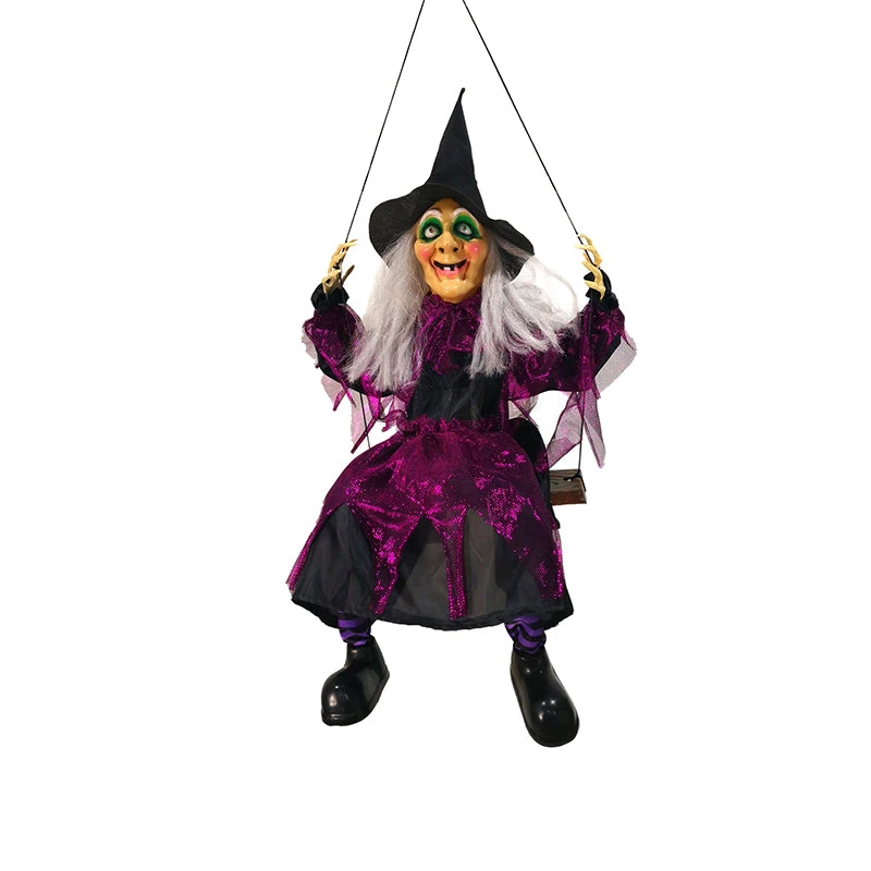 Trademark Halloween Animated Hanging Witch On Swing Decoration Props With Sound, Light Up Eyes And Moving Legs