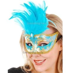 Everything Party Isabella Gold Eye Mask With Aqua Feathers