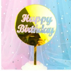 Everything Party Acrylic Mirror Metallic Round Hollow Out Happy Birthday Cake Topper - Gold All Birthday