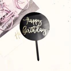 Everything Party All Birthday Acrylic Mirror Round Birthday Cake Topper - Black