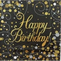 Everything Party 16pk Sparkling Fizz Black Gold Luncheon Napkins - Happy Birthday
