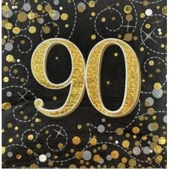 Everything Party All Birthday 16pk Sparkling Fizz Black Gold Luncheon Napkins - 90th