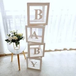 Everything Party Party Hire - 'BABY' White Boxes Transparent Baby Shower Balloon Box With Balloons