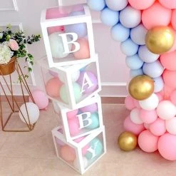 Everything Party Party Hire - 'BABY' White Boxes Transparent Baby Shower Balloon Box With Balloons
