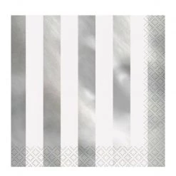 Unique 16pk Metallic Silver Foil Stamped Stripes Luncheon Napkins All Birthday