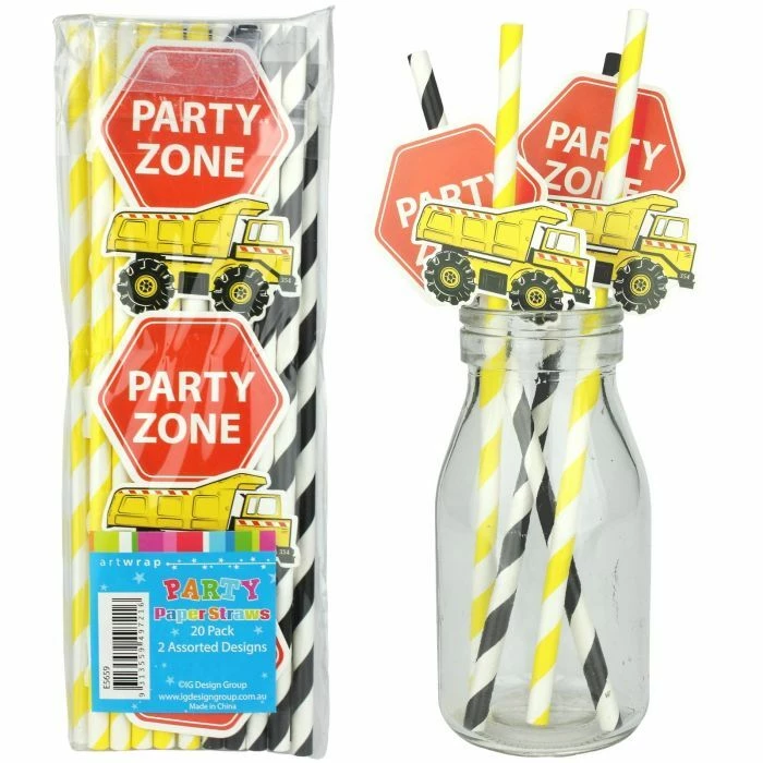 Artwrap 20pk Construction Party Zone Paper Straws All Birthday