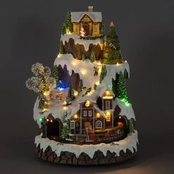 Everything Party Animated Christmas Village Musical LED Snowy Mountain With Rotating Train Skaters And Tree By Event