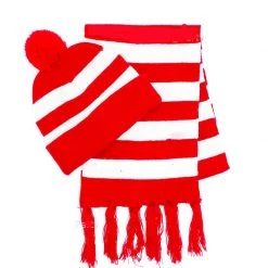 JD Party Red & White Strip Beanie And Scarf Set - Where Is Wally School Book Week Costume